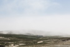 East light camp in fog